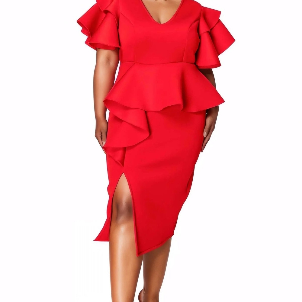 Asymmetrical Red Peplum Midi Dress